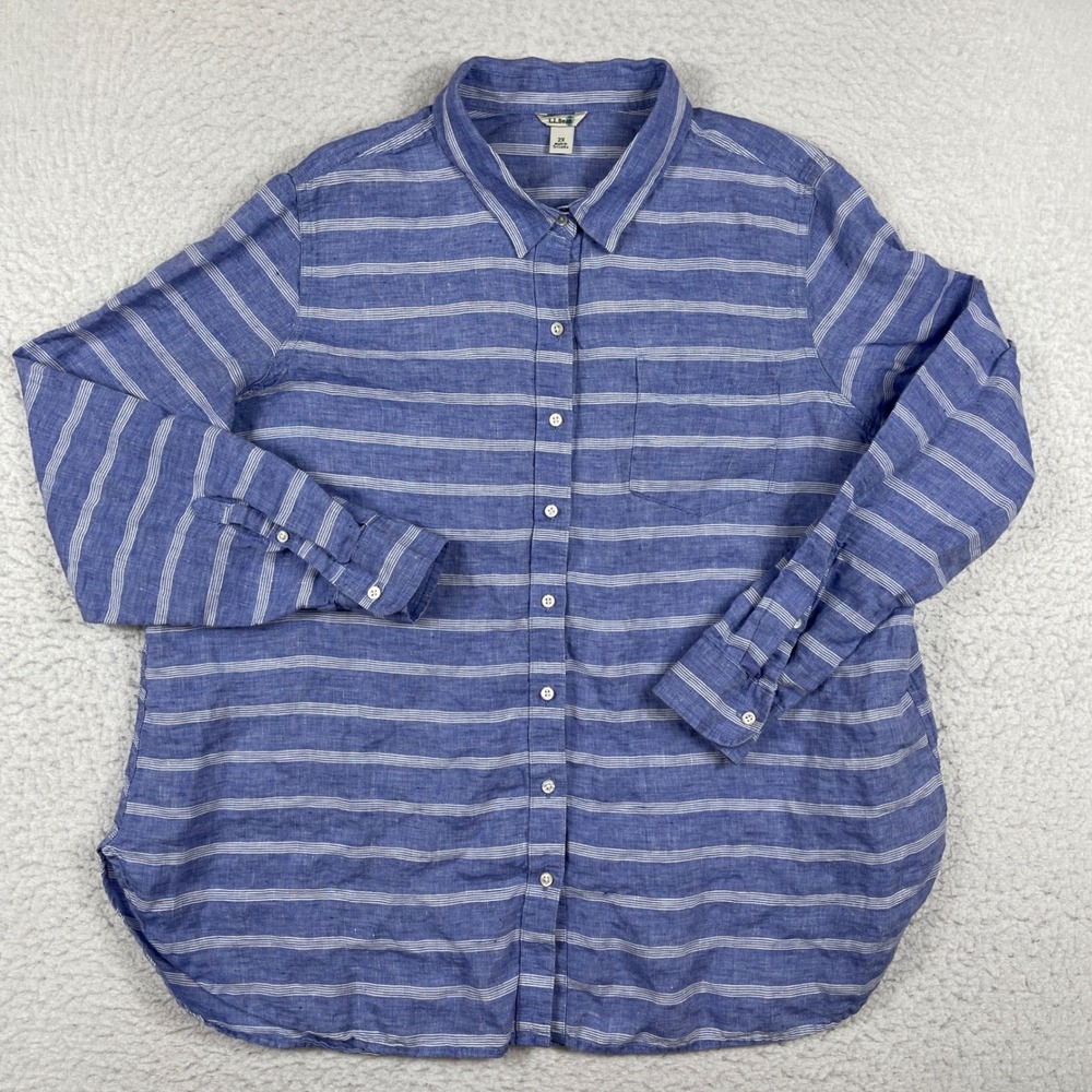 L.L.Bean Button Down Shirt Womens 2X Blue Striped 100% Linen Long Sleeve 301239
